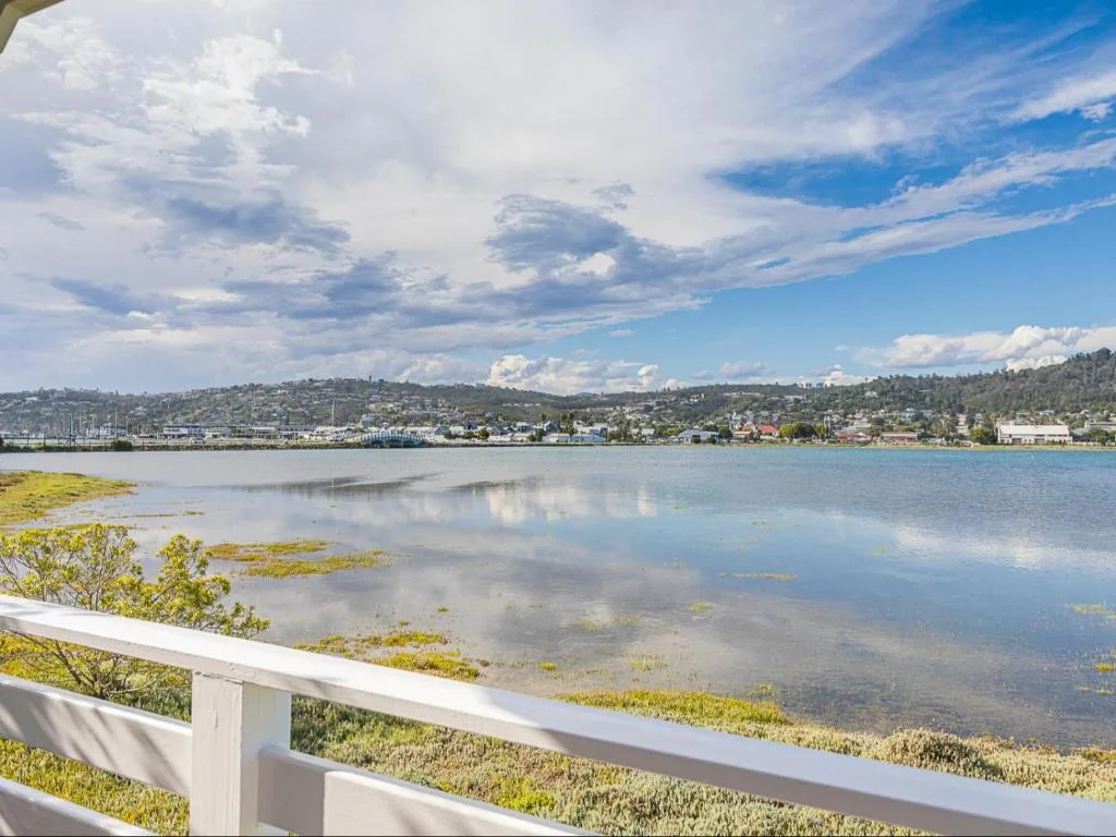 Lagoon view from deck with Knysna town and forested hills beyond