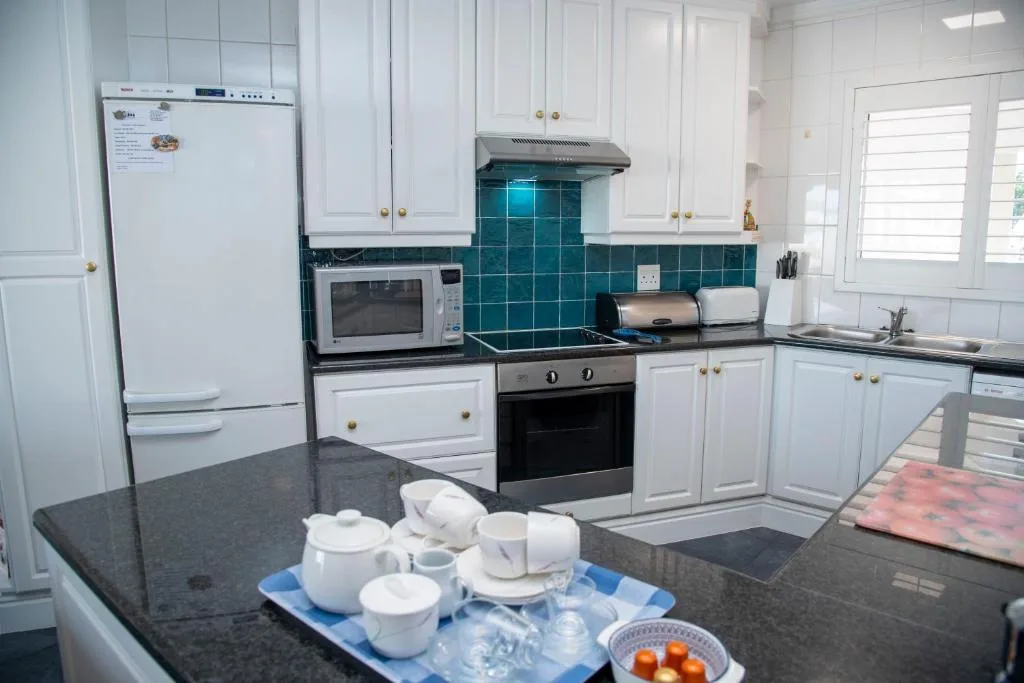Modern kitchen with white cabinetry, teal tile backsplash, stainless steel appliances