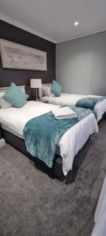 Twin beds with teal throws and matching pillows in modern bedroom
