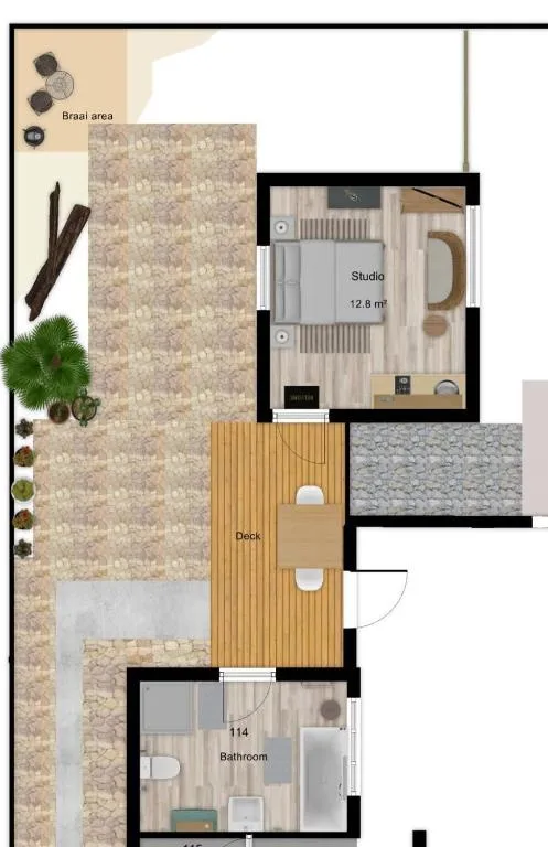 Floor plan layout showing studio apartment with braai area and facilities