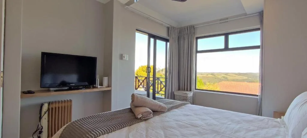 Bright bedroom with bed, TV, and panoramic vineyard views through large windows