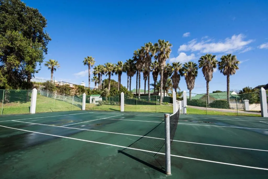 Tennis court with net on manicured green grounds under blue sky