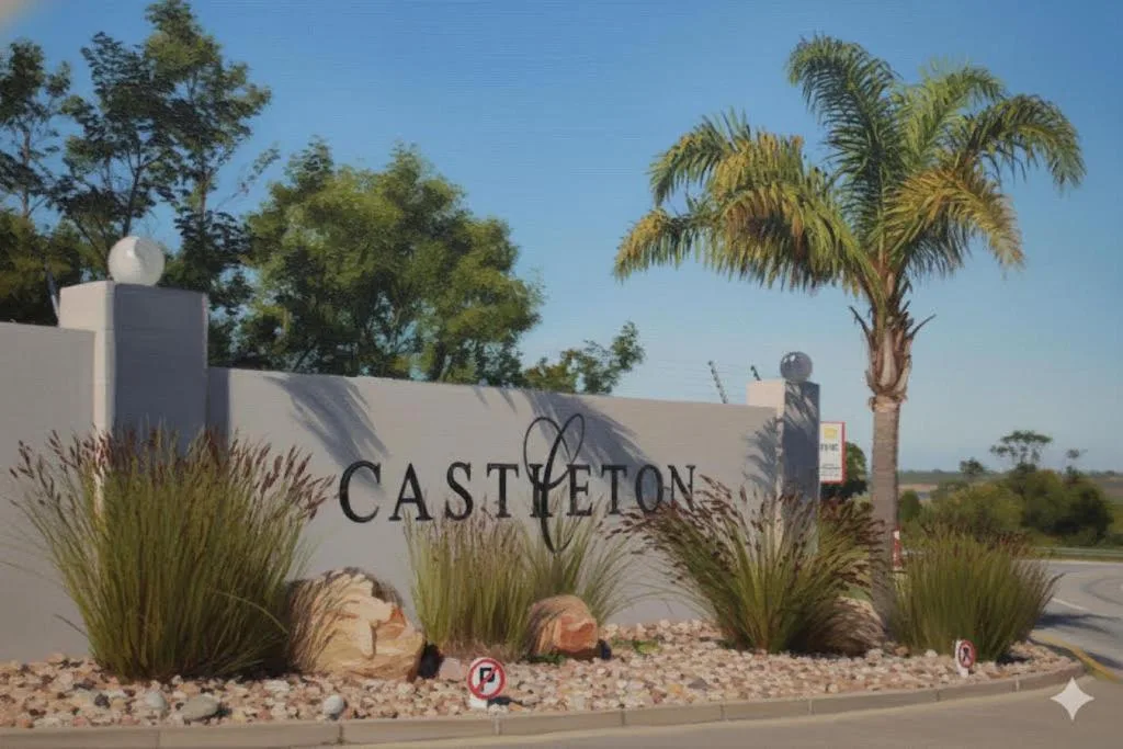 Castleton estate entrance sign with palm trees and landscaped gardens