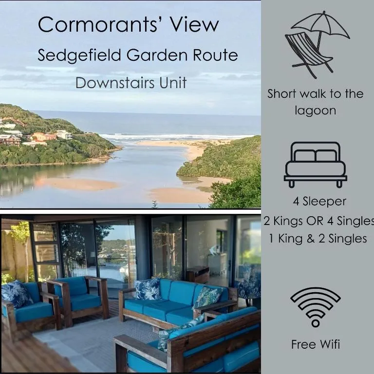 Panoramic lagoon and coastal landscape with forested hills and beach