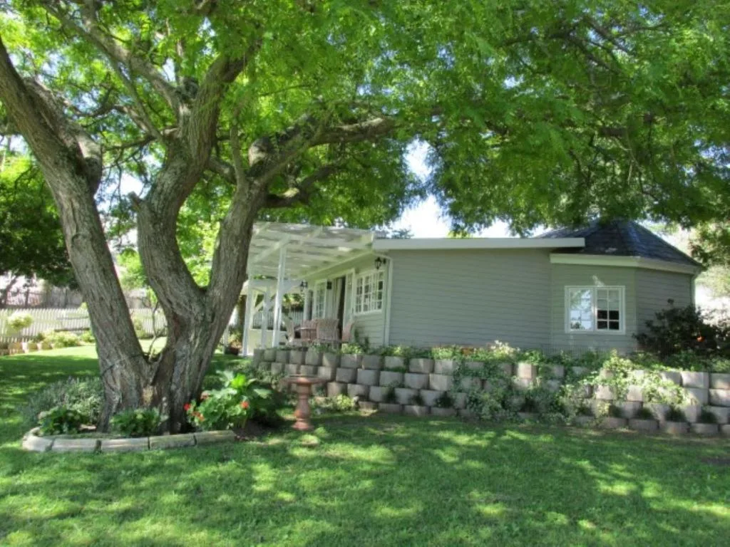 Charming cottage with covered porch beneath mature oak tree and manicured garden