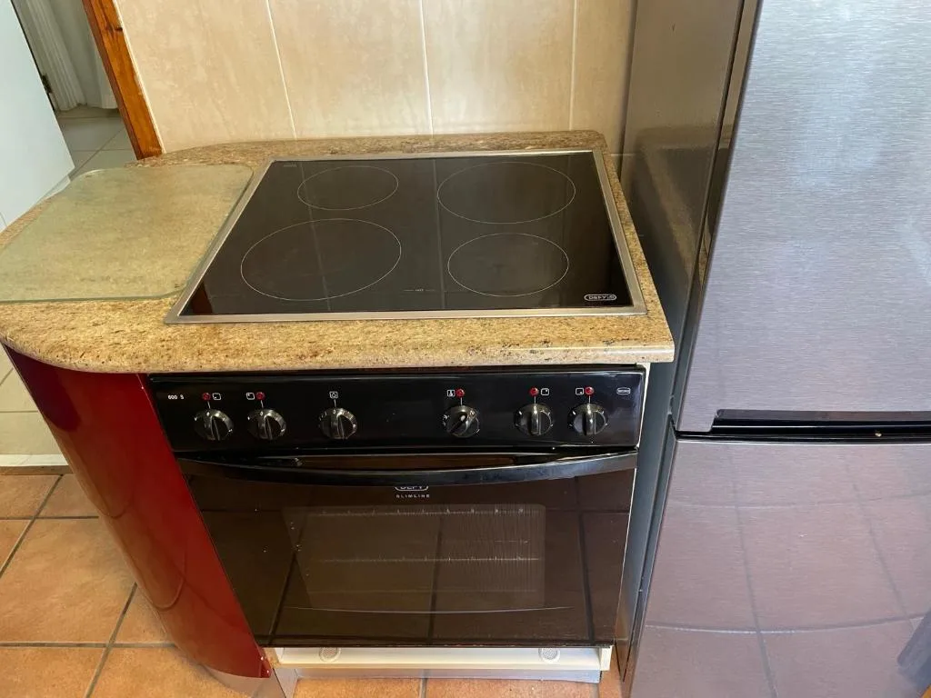 Electric cooktop and oven with cork countertop and stainless steel fridge