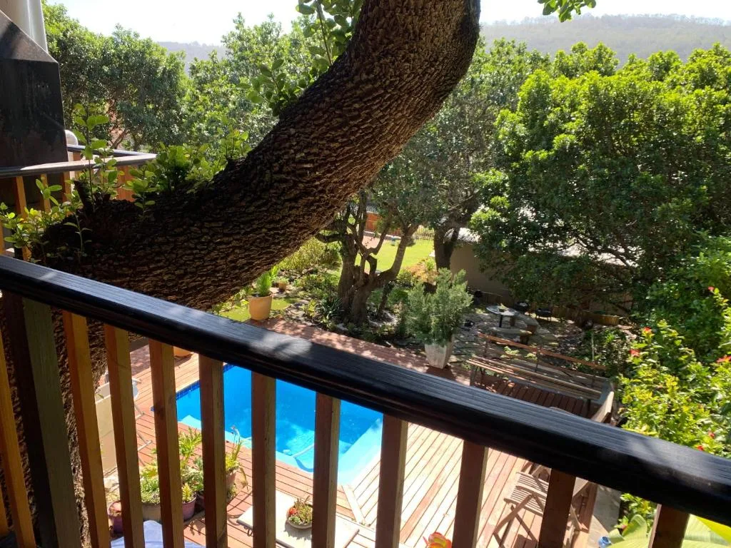 Lush garden and pool glimpse from wooden deck railing