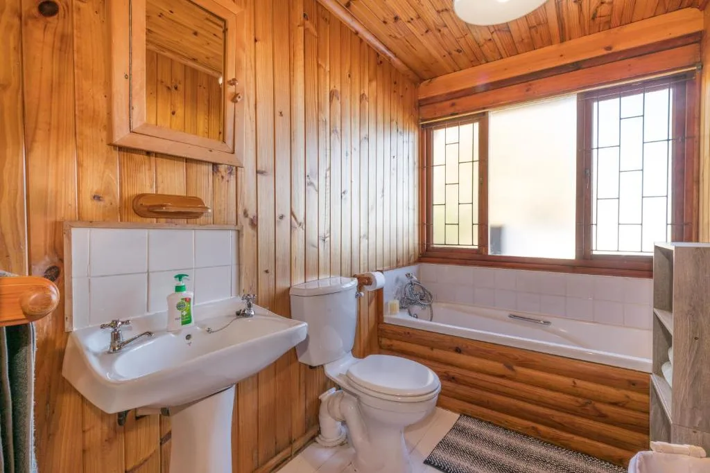 Wooden bathroom with vanity sink, toilet, and bathtub with window