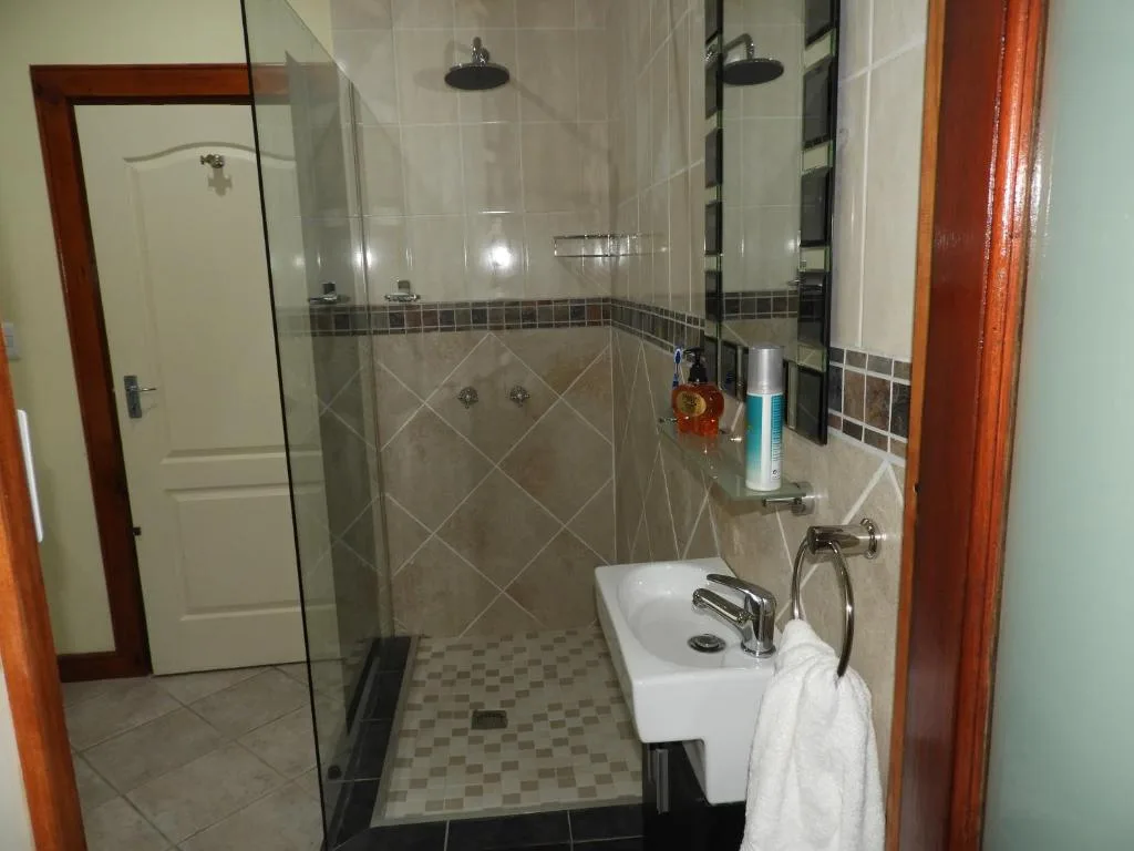 Modern bathroom with walk-in shower, white sink, and tiled walls