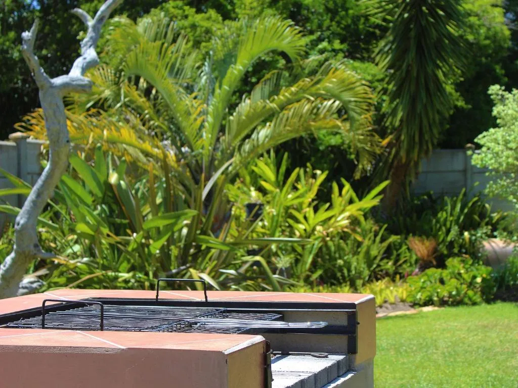 Outdoor braai area with garden and tropical vegetation backdrop