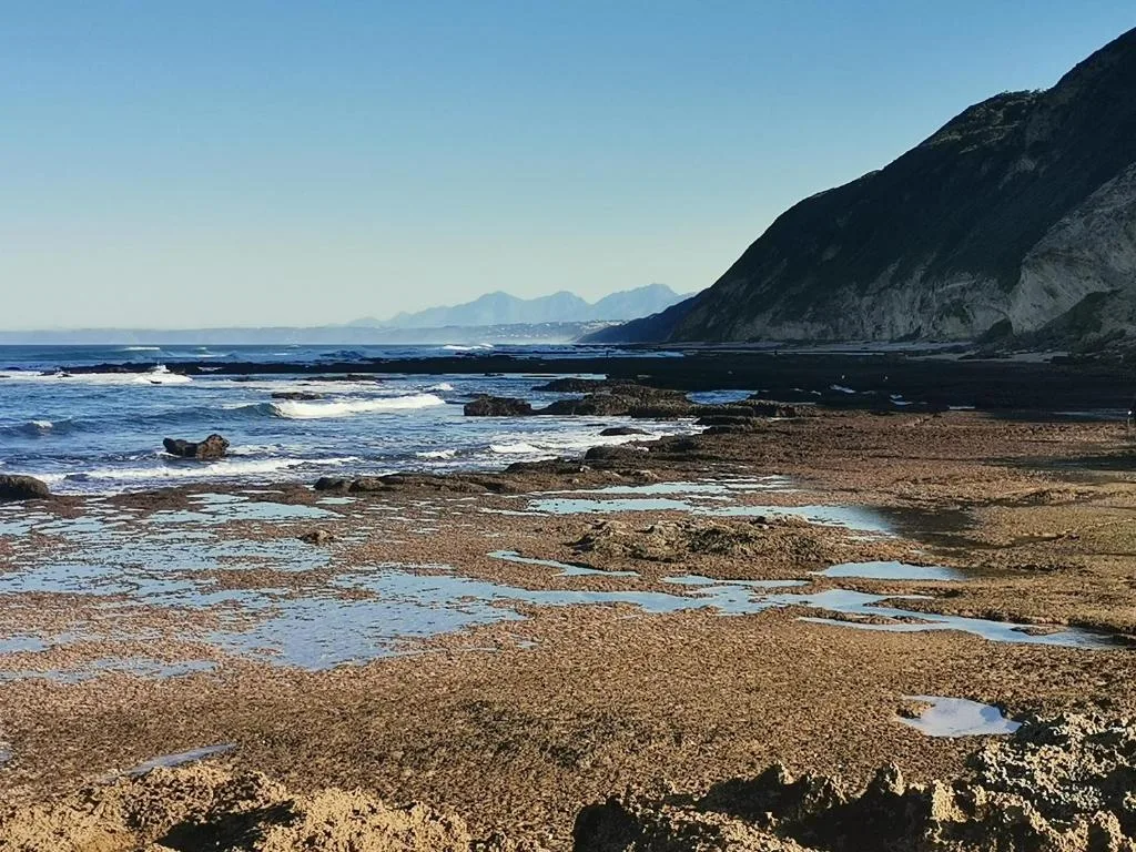 Dramatic coastal beach with rocky outcrops and distant mountains