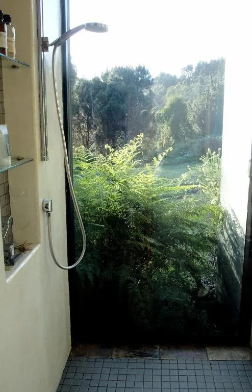 Outdoor shower area overlooking lush green forest and water view