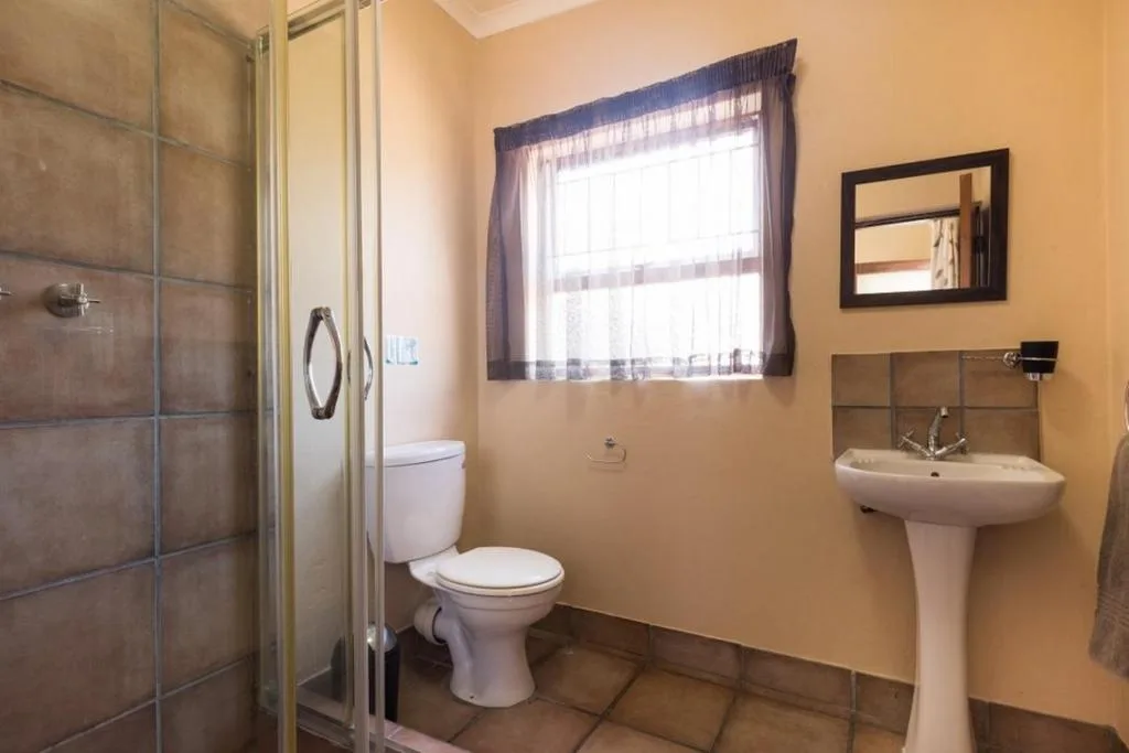 Bathroom with shower, toilet, pedestal sink, and window with blue curtains