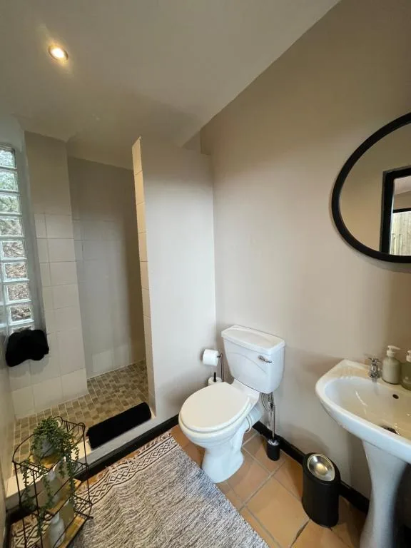 Modern bathroom with walk-in shower, toilet, pedestal sink, and round mirror