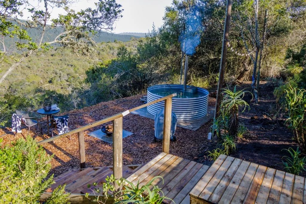 Wooden deck overlooking blue water tank and garden area with forest views