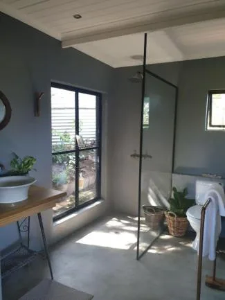 Modern bathroom with glass shower enclosure and natural light from doors