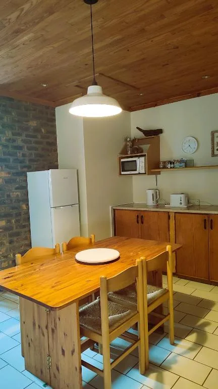 Modern kitchen with wooden dining table, white refrigerator, and pendant lighting