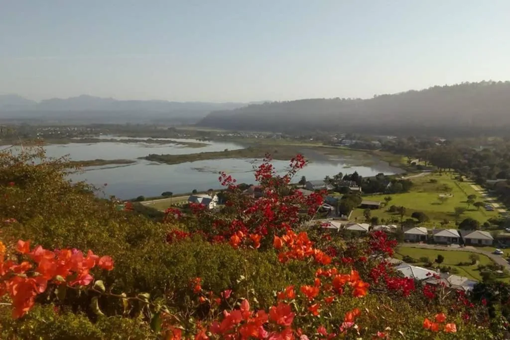 Scenic valley view with lagoon, mountains, red flowers in foreground