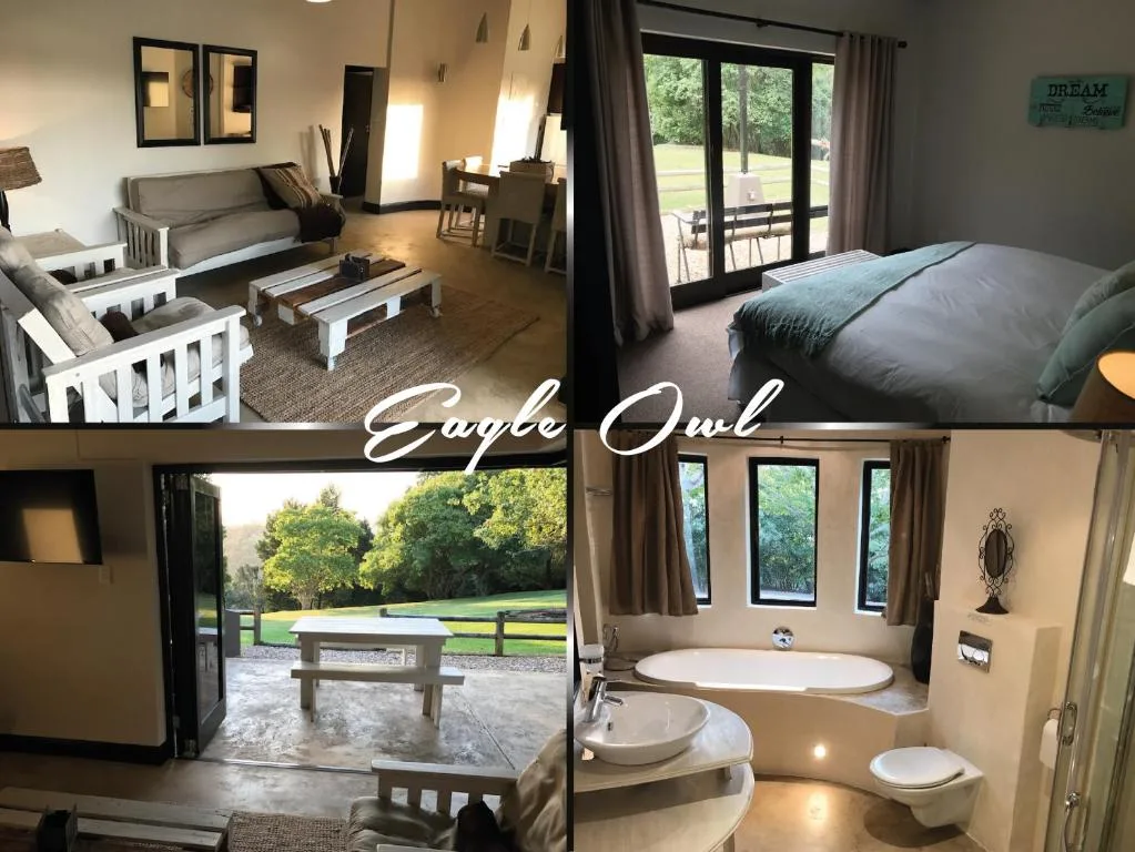 Collage showcasing four rooms of the Eagle Owl chalet property