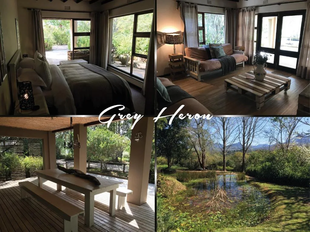 Grey Heron property collage featuring bedroom, lounge, deck and riverside views