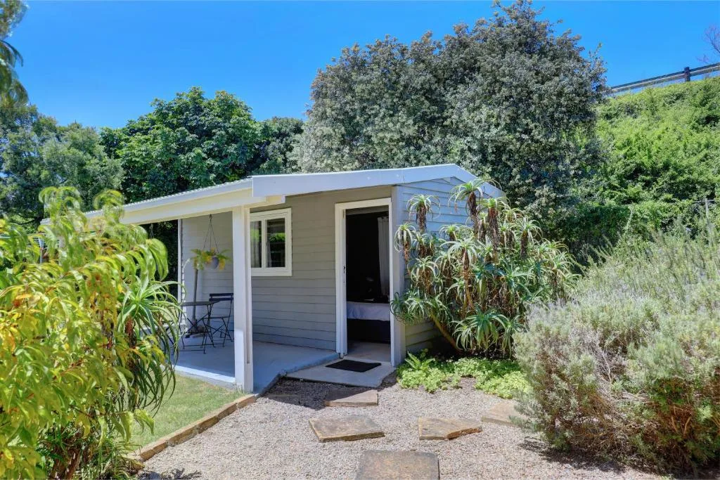 Modern white garden cottage with covered entrance surrounded by lush vegetation