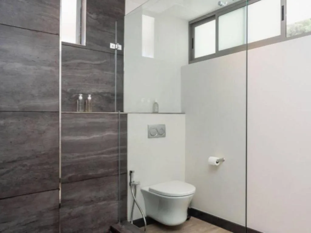 Modern bathroom with glass shower enclosure and wall-mounted toilet