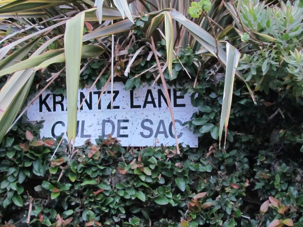 Street sign for Krentz Lane partially obscured by lush green garden vegetation