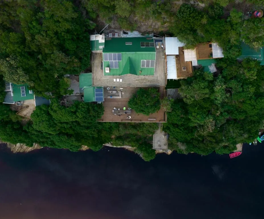 Aerial view of green-roofed house nestled in forest beside river