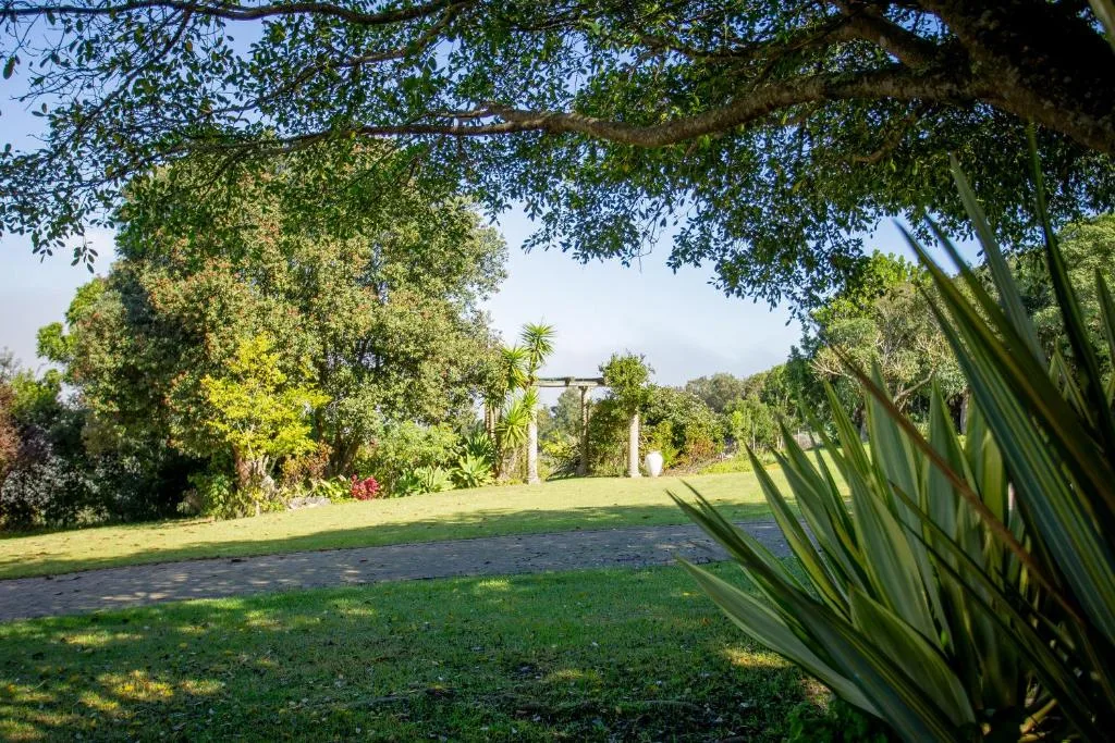Manicured garden with mature trees and pergola structure