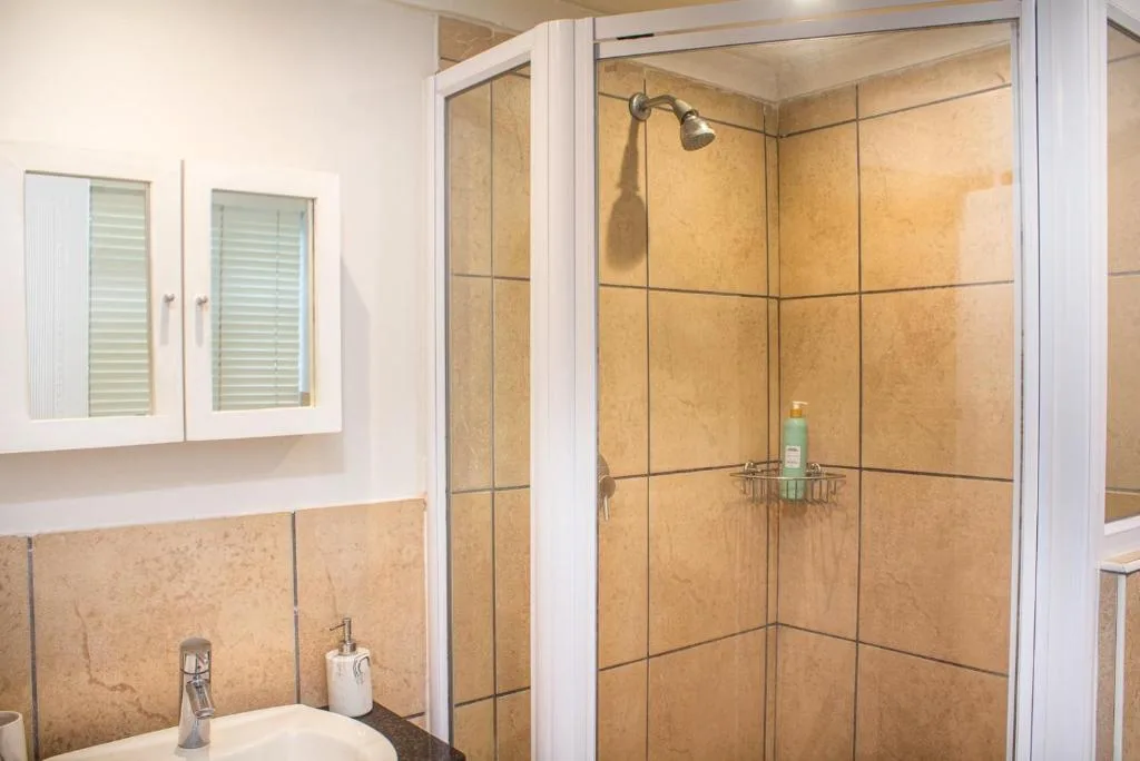 Modern bathroom with large tiled shower enclosure and double vanity mirrors
