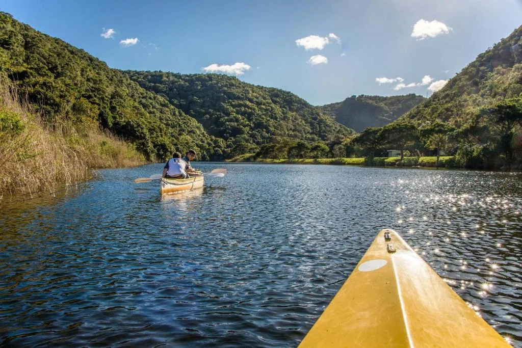 Scenic river valley with forested mountains and kayaking activity