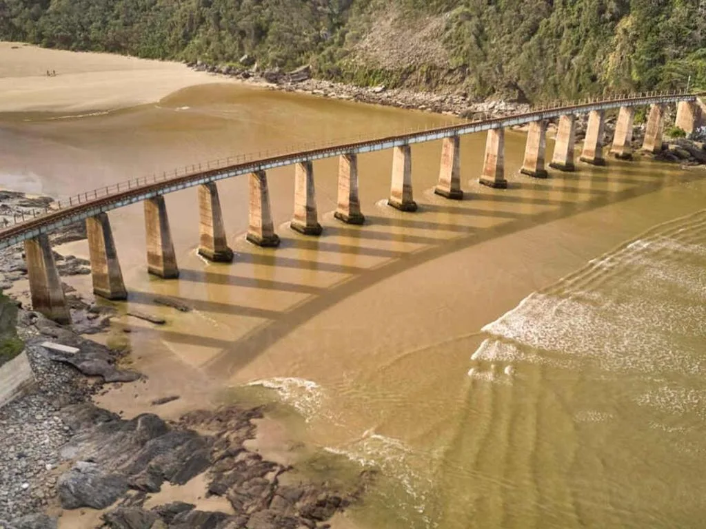 Long bridge spanning muddy river with forested hills and beach beyond